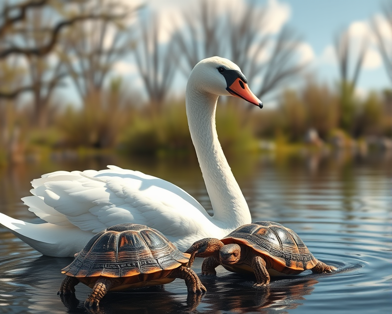 swan, bowling ball, turtle